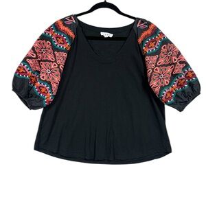 Thml Embroidered Puff Sleeve Floral Mixed Media Blouse Sz M